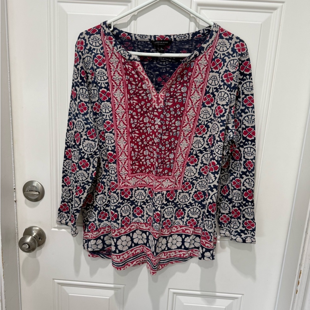 Lucky Brand Navy, Red & Cream V-Neck Printed Tunic size XL